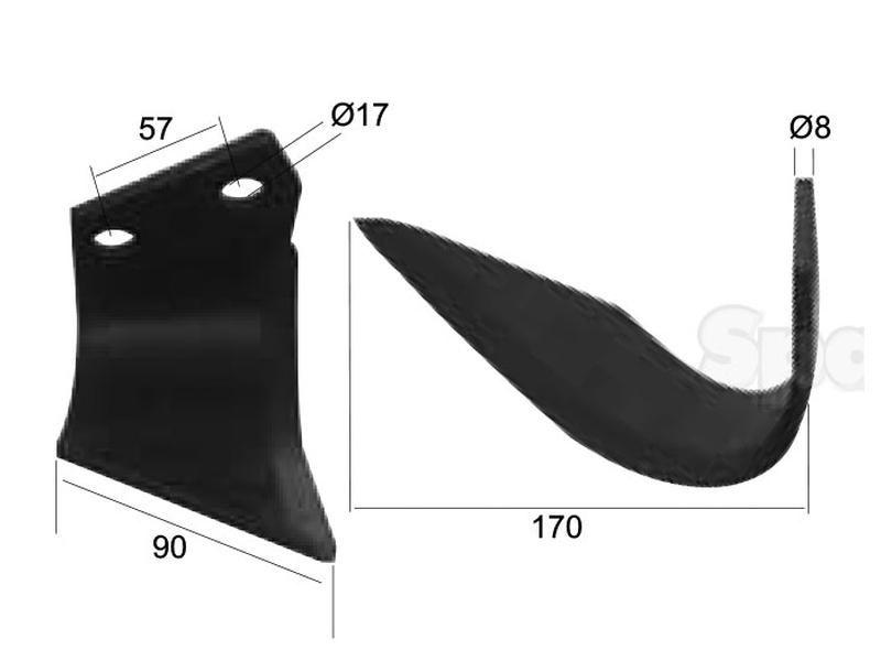 Rotavator Blade Curved LH 90x8mm Height: 170mm. Hole centres: 57mm. Hole Ø: 17mm. Replacement for Agram for Agram CUREUSE