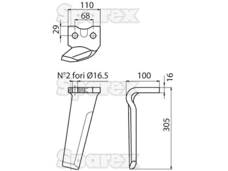 Forged Power Harrow Blade 110x16x305mm RH. Hole centres: 68mm. Hole Ø 17mm. Replacement for Kuhn. for Kuhn HRB302D
