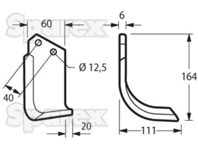 Rotavator Blade Curved LH 60x6mm Height: 164mm. Hole centres: 40mm. Hole Ø: 12.5mm. Replacement for Celli for Celli AG