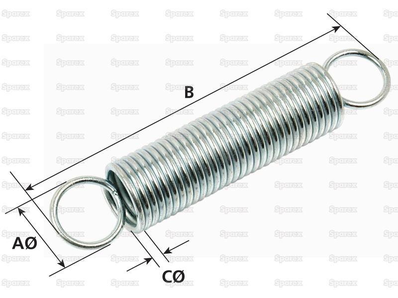Tension Spring, Spring Ø14mm, Wire Ø2mm, Length: 150mm.