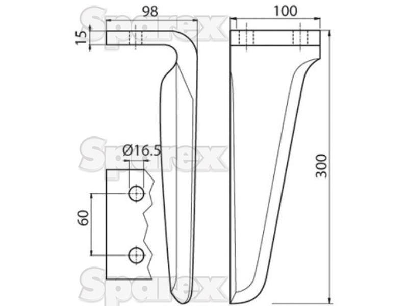 Power Harrow Blade 100x15x300mm RH. Hole centres: 60mm. Hole Ø 16.5mm. Replacement forBreviglieri. for Maschio