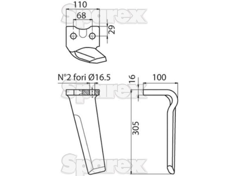 Forged Power Harrow Blade 110x16x305mm LH. Hole centres: 68mm. Hole Ø 17mm. Replacement for Kuhn. for Kuhn HRB302D