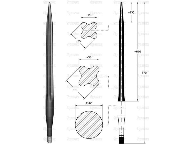 Loader Tine - Straight 870mm, Thread size: M27 x 1.5 (Star)