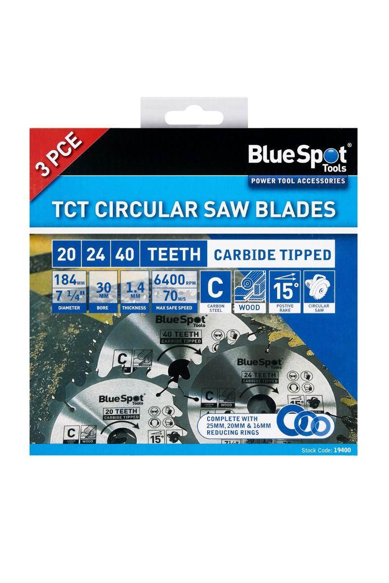 Blue Spot Tools 3 PCE 184mm x 30mm TCT Circular Saw Blades (20, 24 & 40 Teeth)