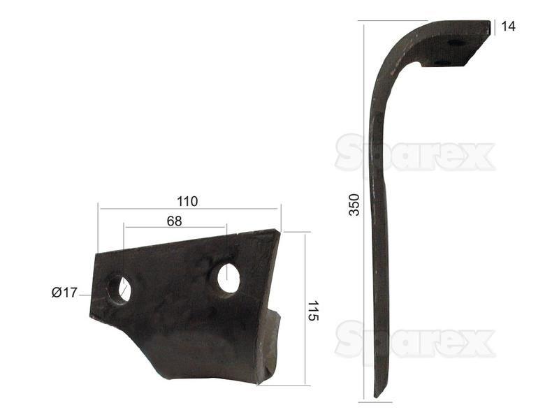 Power Harrow Blade 110x14x350mm LH. Hole centres: 68mm. Hole Ø 17mm. Replacement forKuhn. for Kuhn VARIOUS