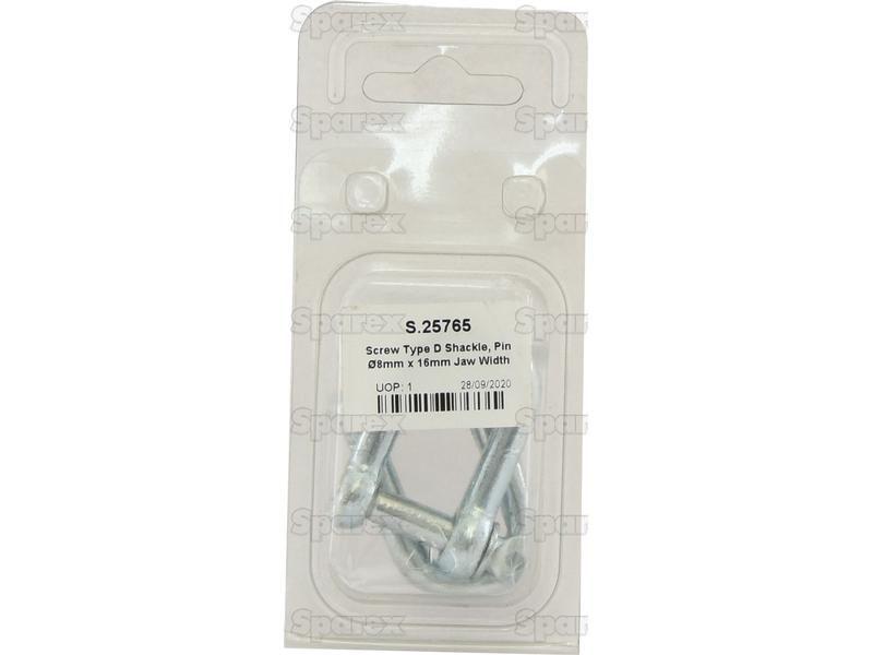 Screw Type D Shackle, Pin Ø8mm x 16mm Jaw Width (2 pcs. Agripak)