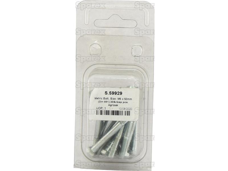 Metric Bolt, Size: M5 x 50mm (Din 931) 20 pcs. Agripak