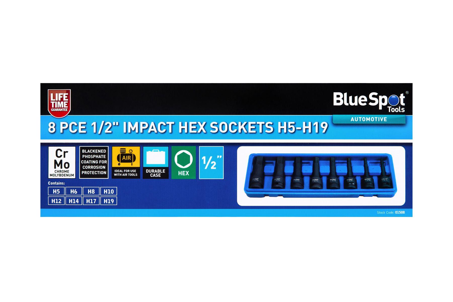 Blue Spot Tools 8 PCE 1/2" Impact Hex Sockets (H5-H19)
