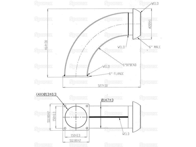 90° Coupling with Square Flange - Male 6'' (159mm) x (150mm) (Galvanised)