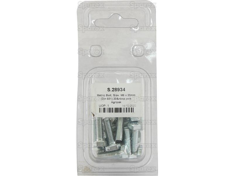 Metric Bolt, Size: M6 x 20mm (Din 931) 20 pcs. Agripak