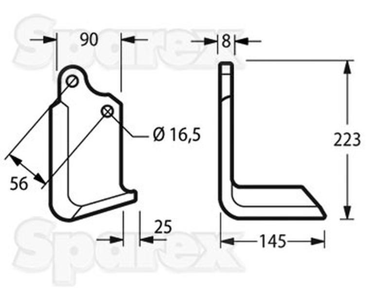Rotavator Blade Square RH 90x8mm Height: 223mm. Hole centres: 56mm. Hole Ø: 16.5mm. Replacement for Maschio, Valentini for Maschio S