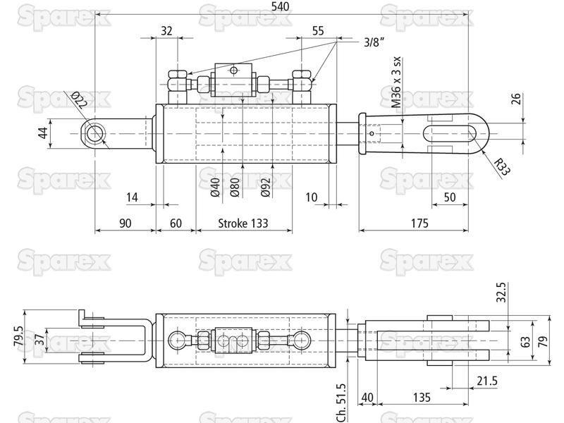 Hydraulic Levelling Box (Supplied with: Hoses), Min. Length: 540mm, Cylinder Bore: 80mm. for Ford New Holland