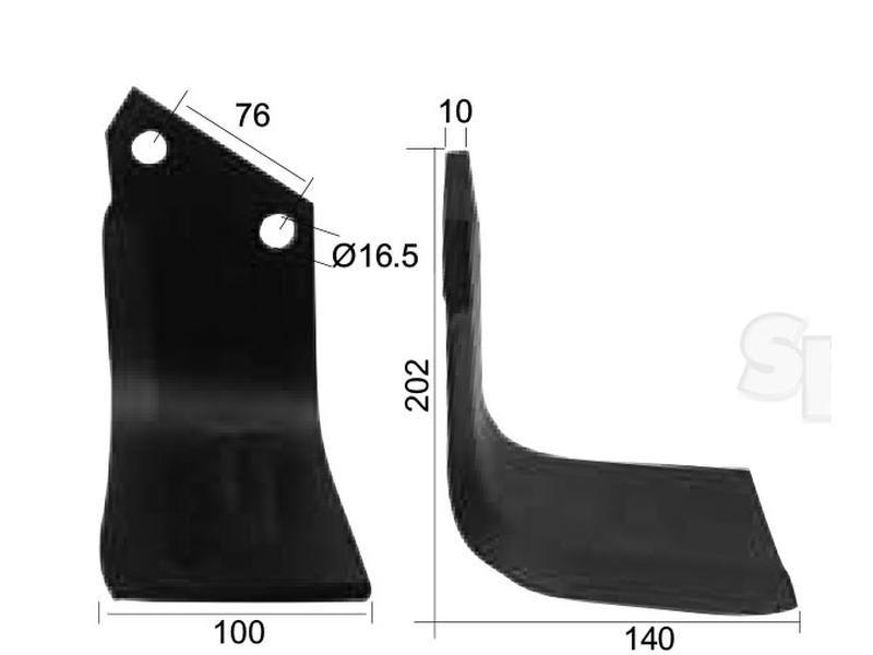 Rotavator Blade Square RH 100x10mm Height: 202mm. Hole centres: 76mm. Hole Ø: 16.5mm. Replacement for Horsch, Howard for Horsch VARIOUS
