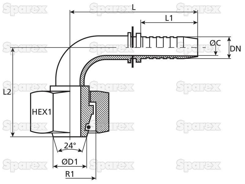 Dicsa Metric 24° Hose Insert 5/8'' x M30 x 2 (20S) Female Thread 90° Swept Swivel With O-Ring