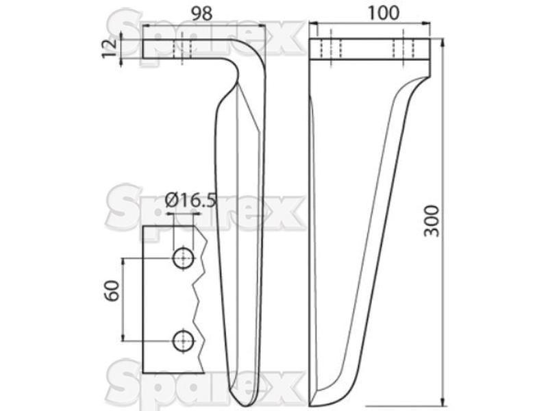 Power Harrow Blade 100x12x305mm RH. Hole centres: 60mm. Hole Ø 17mm. Replacement forMaschio. for Rau VARIOUS
