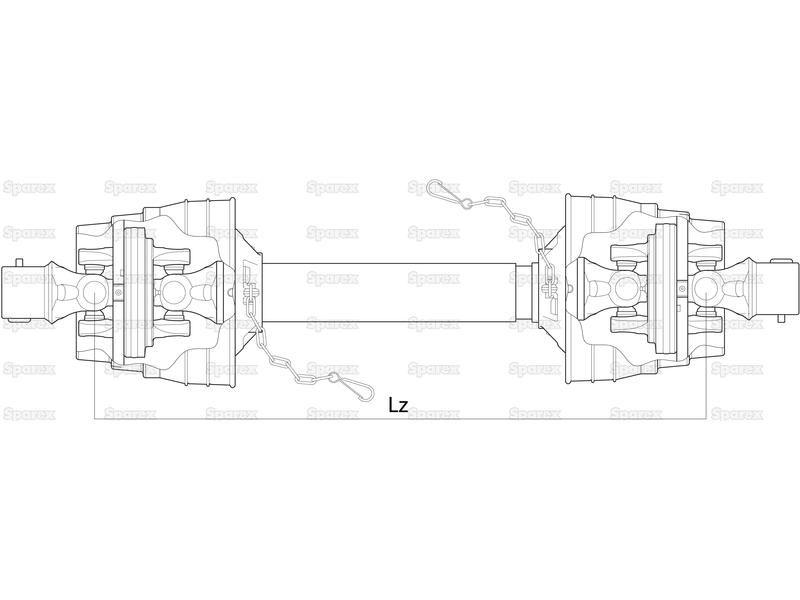 PTO Shaft - EUCV Wide Angle - Both Ends, (Lz) Length: 1210mm, 1 3/8'' x 6 Spline 80° W.A. to 1 3/8'' x 6 Spline 80° W.A.