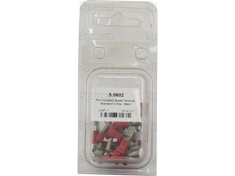 Pre Insulated Spade Terminal, Standard Crimp - Male / Female, 6.3mm, Red (0.5 - 1.5mm) (Agripak 25 pcs.)