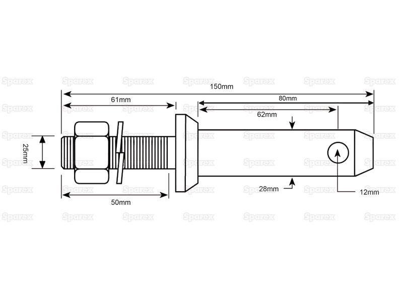 Lower link implement pin 28x150mm, Thread size M24x1.5x50mm Cat. 2