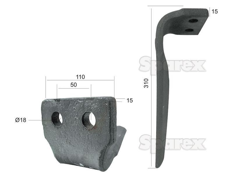 Power Harrow Blade 110x15x310mm LH. Hole centres: 50mm. Hole Ø 18mm. Replacement forAgram. for Sicma VARIOUS