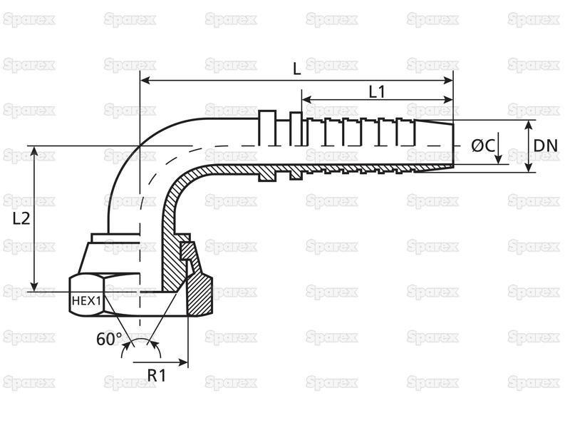 Dicsa BSP 60° Hose Insert 1/2'' x 1/2'' Female Thread 90° Swept Swivel