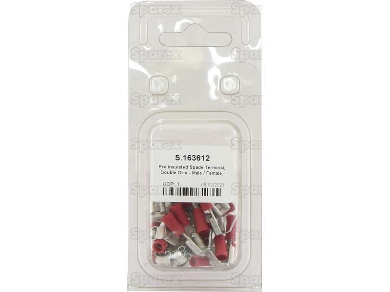 Pre Insulated Spade Terminal, Double Grip - Male / Female, 6.3mm, Red (0.5 - 1.5mm) (Agripak 25 pcs.)
