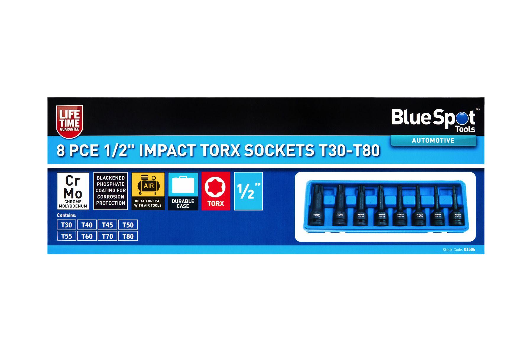 Blue Spot Tools 8 PCE 1/2" Impact Torx Sockets (T30-T80)