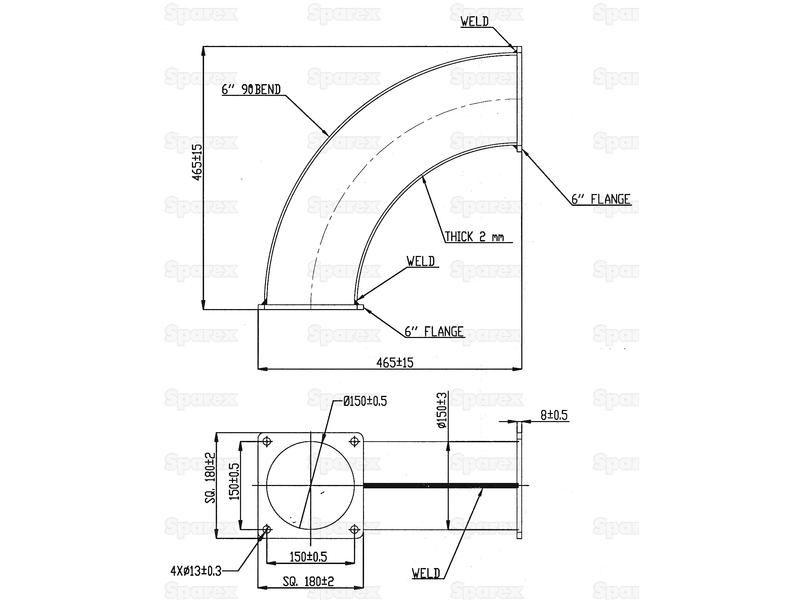 90° Pipe with Square Flange 6'' (150mm) (Galvanised)