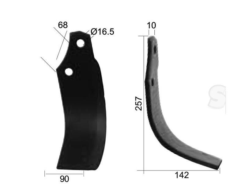 Rotavator Blade Curved LH 90x10mm Height: 257mm. Hole centres: 68mm. Hole Ø: 16.5mm. Replacement for Maschio for Maschio G
