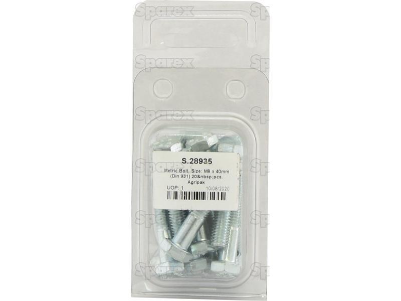 Metric Bolt, Size: M8 x 40mm (Din 931) 20 pcs. Agripak