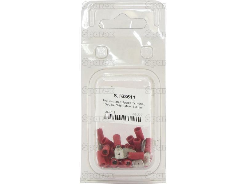 Pre Insulated Spade Terminal, Double Grip - Male, 6.3mm, Red (0.5 - 1.5mm) (Agripak 25 pcs.)