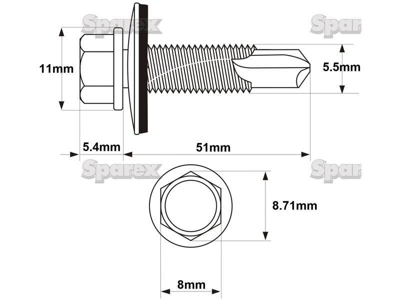 Hexagon Head Self Fixing (TEK) Screw, Size: 5.5 x 51mm (Din 7504K)