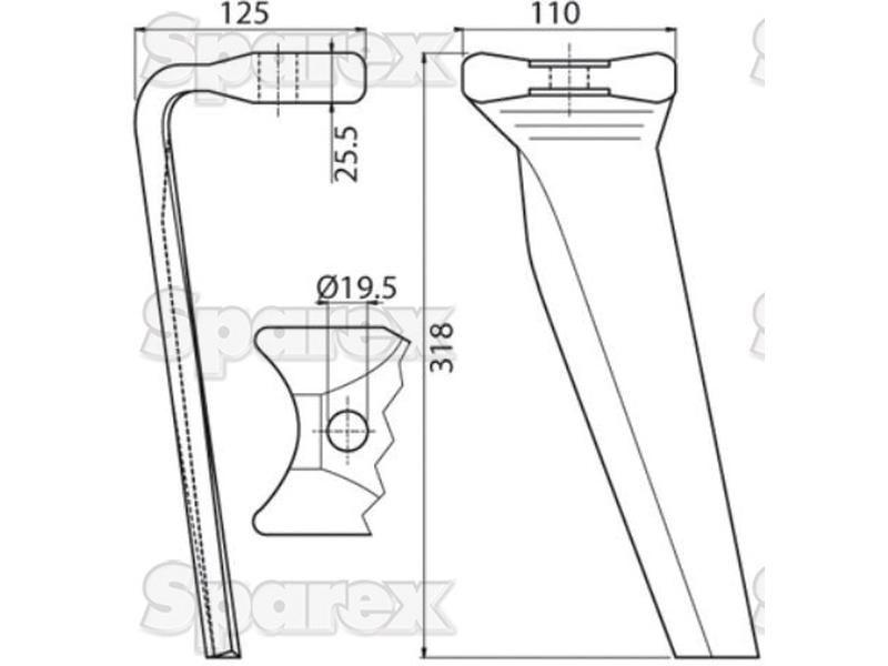 Power Harrow Blade 110x25.5x318mm LH. Hole centres: mm. Hole Ø 19.5mm. Replacement forKuhn. for Kuhn VARIOUS