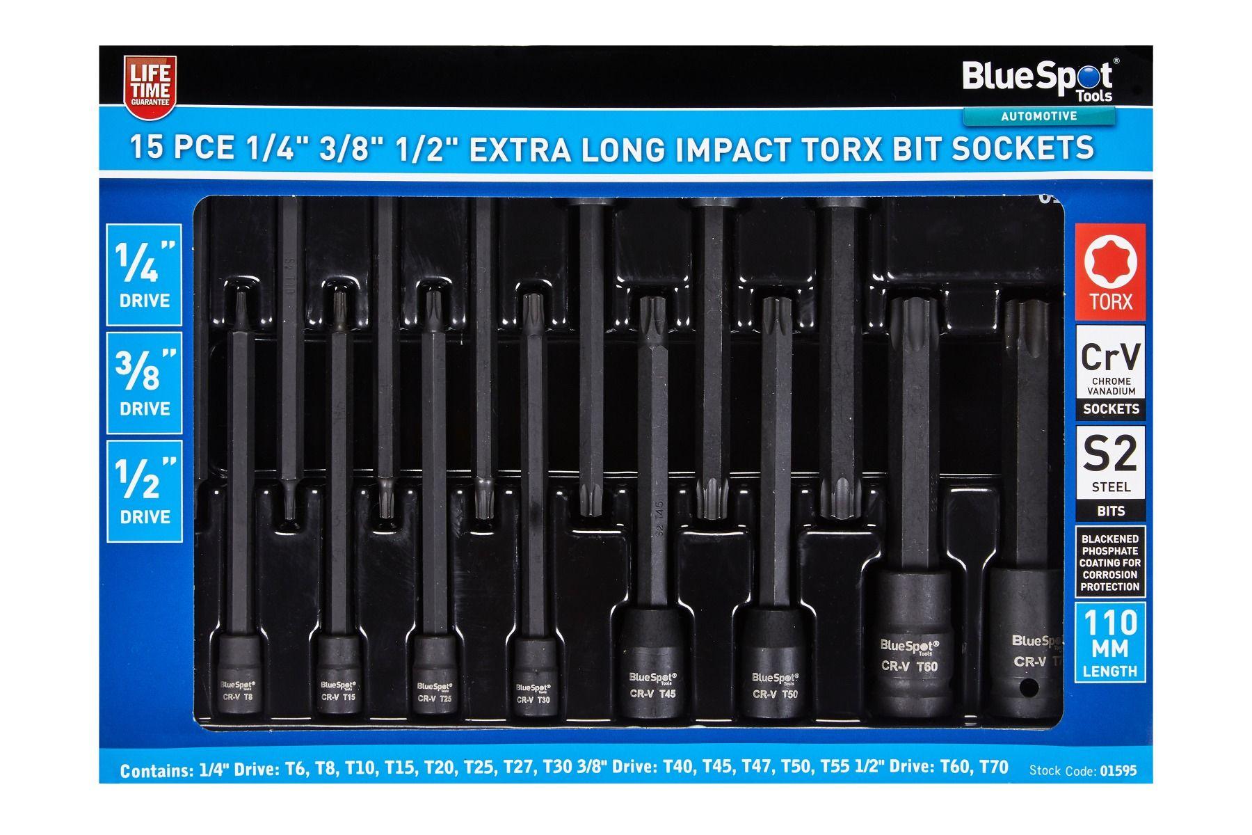 Blue Spot Tools 15 PCE 1/4" 3/8" 1/2" Extra Long Impact Torx Bits
