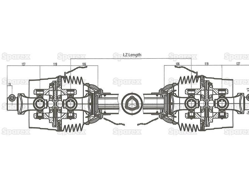 PTO Shaft - EUCV Wide Angle - Both Ends, (Lz) Length: 1010mm, 1 3/8'' x 6 Spline 80° W.A. to 1 3/8'' x 6 Spline 80° W.A.