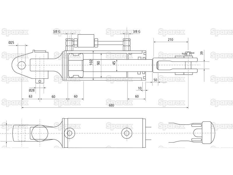 Hydraulic Levelling Box (Supplied with: Hoses), Min. Length: 680mm, Cylinder Bore: 90mm. for Massey Ferguson, Challenger