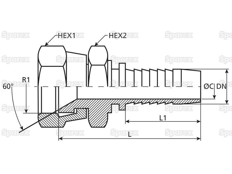 Dicsa Metric (Komatsu) 60° Hose Insert 1'' x M33 x 1.5 Female Thread Straight Swivel