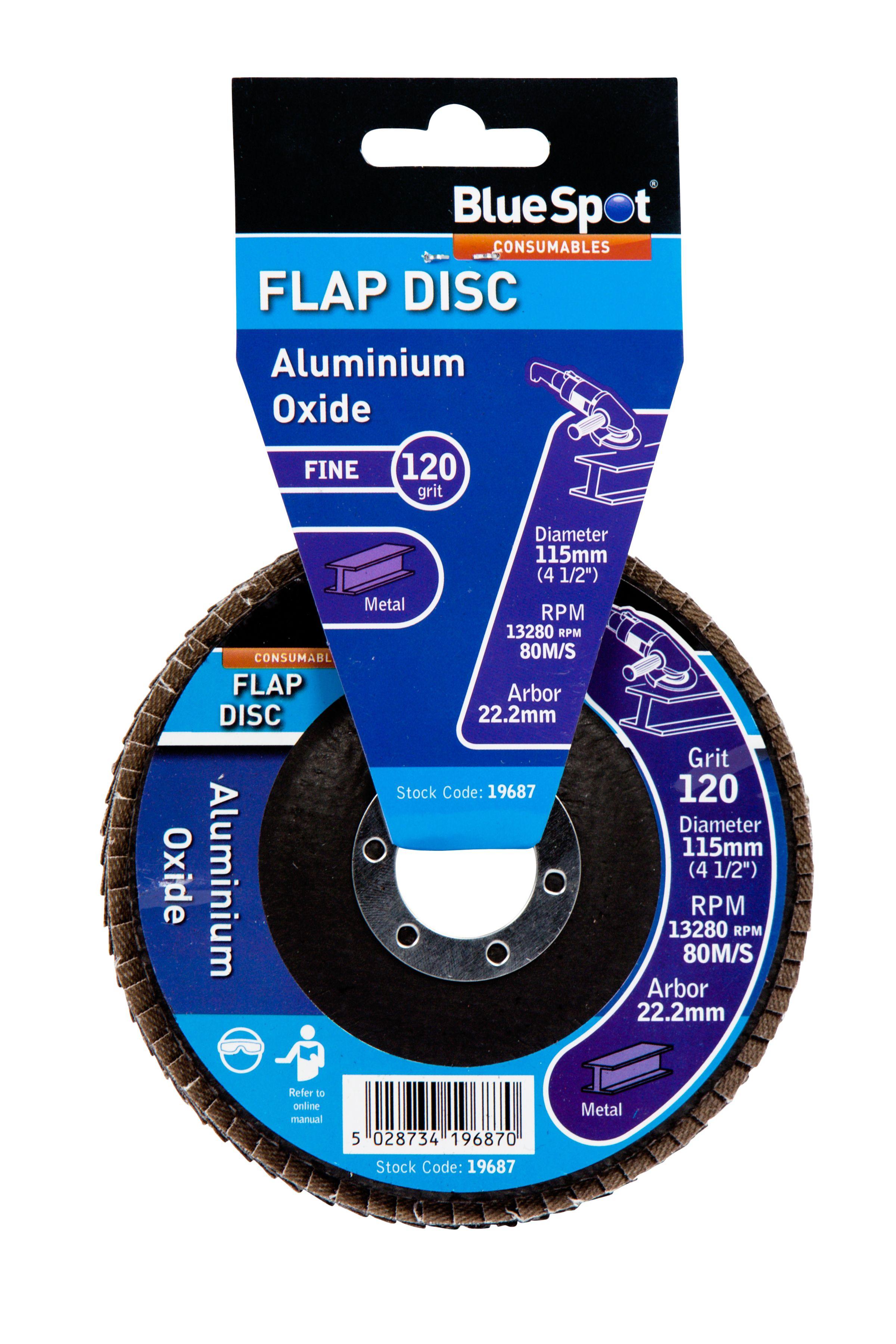 Blue Spot Tools 115mm (4.5") 120 Grit Aluminium Oxide Flap Disc (Header Card)