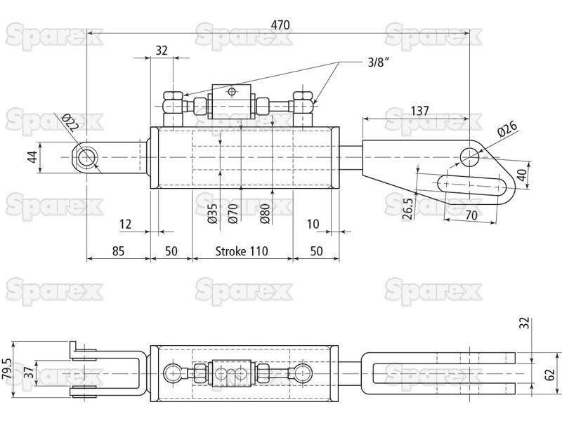 Hydraulic Levelling Box (Supplied with: Hoses), Min. Length: 470mm, Cylinder Bore: 70mm. for Ford New Holland