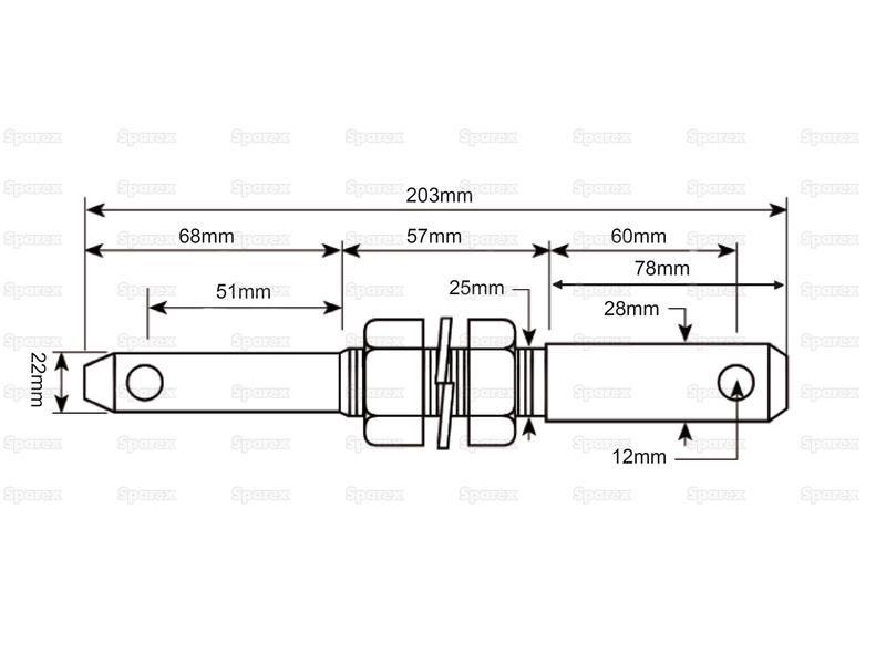 Lower link implement pin dual 22 - 28x203mm, Thread size 7/8x57mm Thread size 1/2