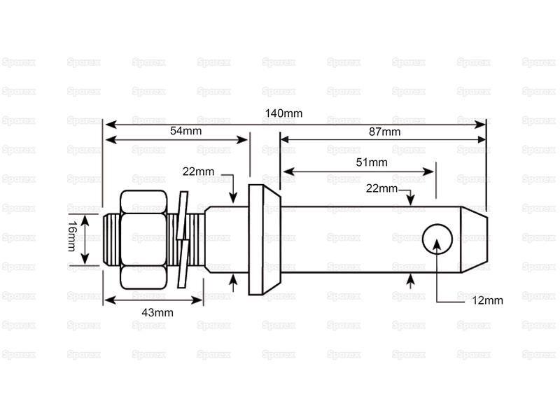 Lower link implement pin 22x140mm, Thread size 5/8''x43mm Cat. 1 Massey Ferguson (646038M1, 646039M1, 646704M1)
