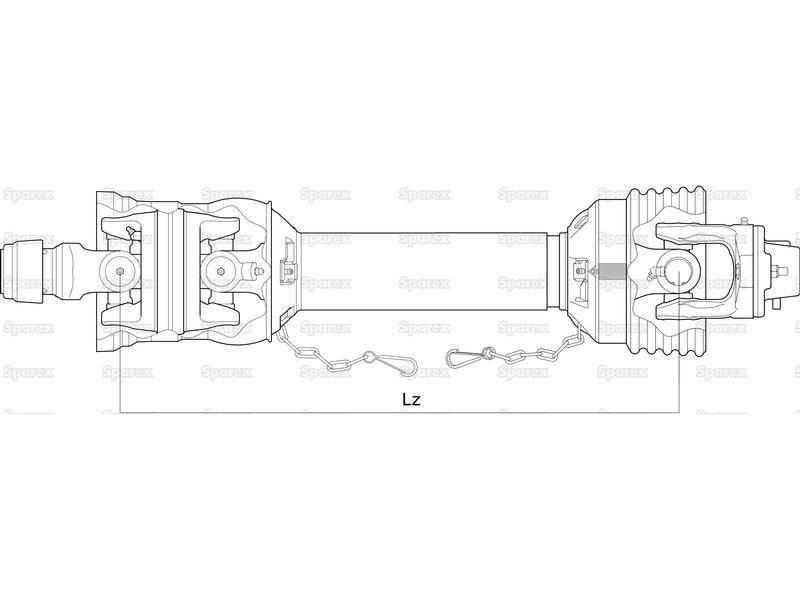 PTO Shaft - WWCV Wide Angle - one Side, (Lz) Length 910mm, 1 3/8'' x 6 Spline 80° W.A. to 1 3/4'' x 6 Spline Shear Bolt Limiter