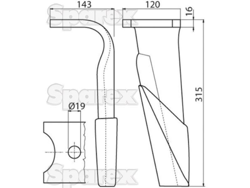 Hardfaced Power Harrow Blade 120x16x315mm LH. Hole centres: mm. Hole Ø 19mm. Replacement for Kuhn. for Kuhn VARIOUS