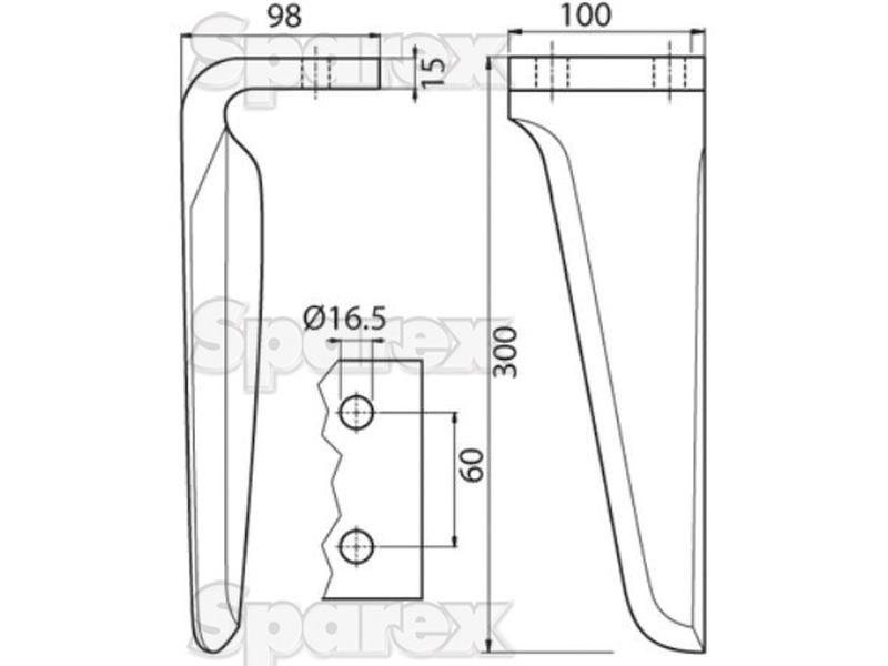 Power Harrow Blade 100x15x300mm LH. Hole centres: 60mm. Hole Ø 16.5mm. Replacement forBreviglieri. for Maschio