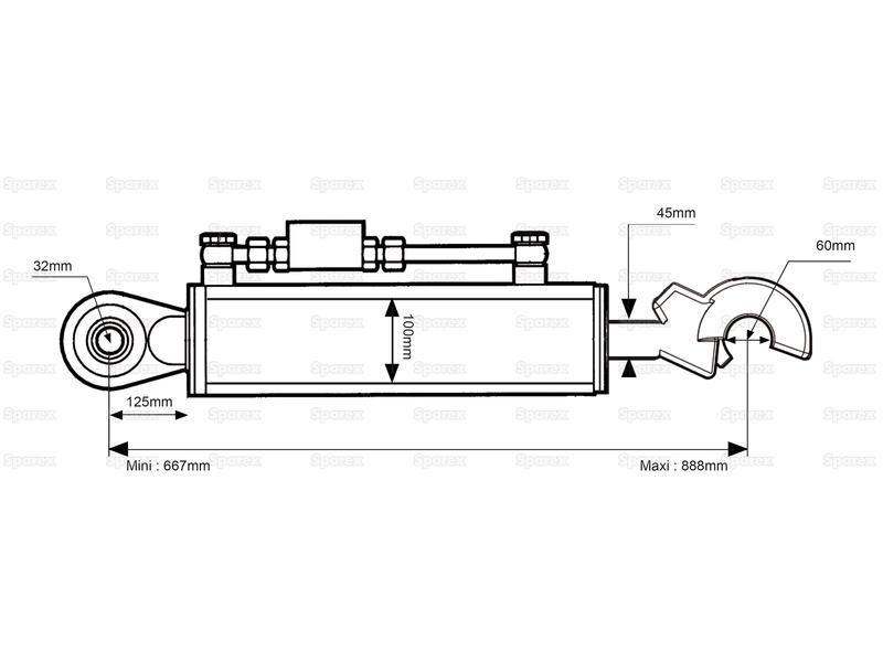 Hydraulic Top Link (Cat.3/3) Ball and Q.R CBM Hook, Cylinder Bore: 100mm, Min. Length : 667mm.