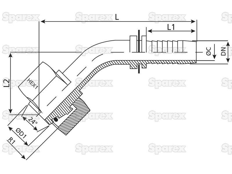 Dicsa Metric 24° Hose Insert 1'' x M36 x 2 (28L) 135° Swept Swivel With O-Ring