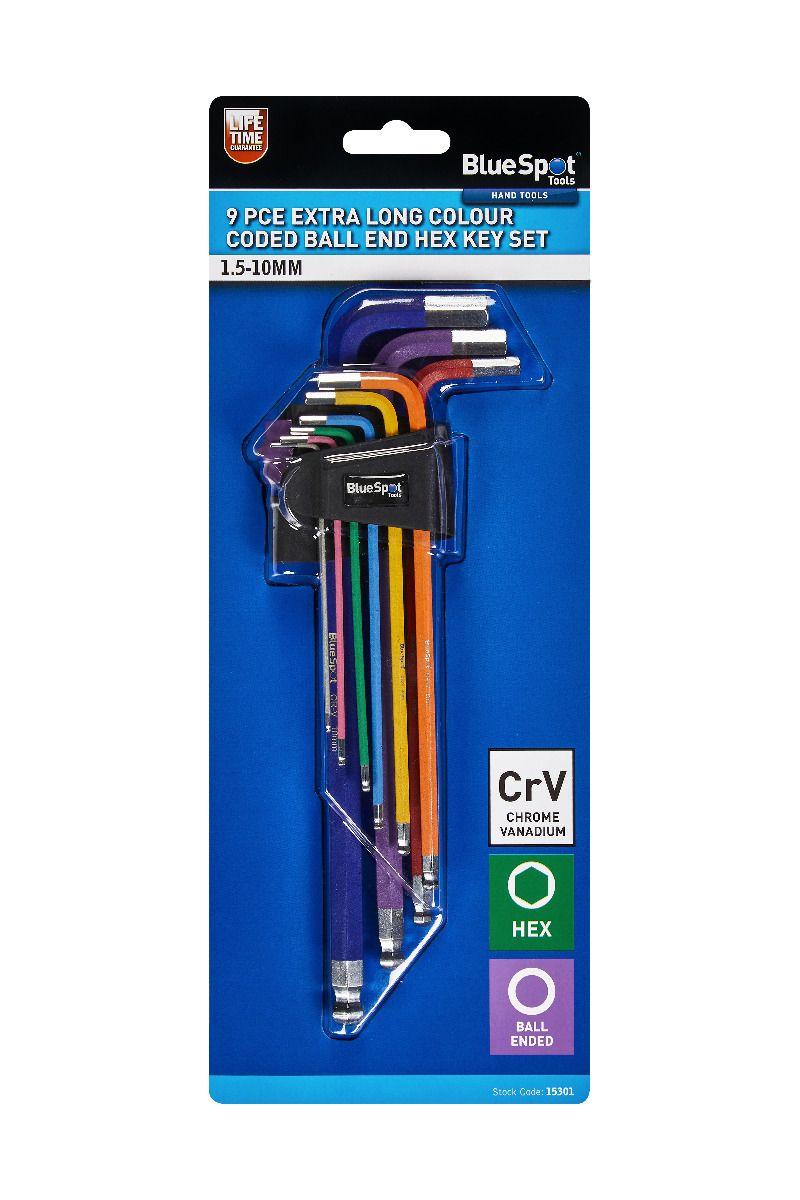Blue Spot Tools 9 PCE Extra Long Colour Coded Ball End Hex Key Set (1.5-10mm)