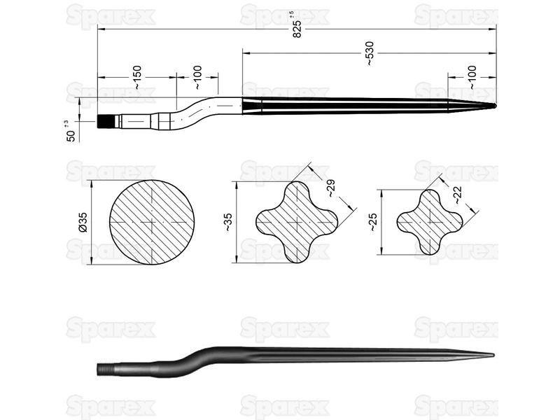 Loader Tine - Cranked 830mm, Thread size: M27 x 1.5 (Star) for Mammut