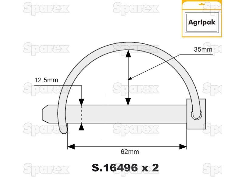 Shaft Locking Pin, Pin Ø12.5mm x 62mm (2 pcs. Agripak)