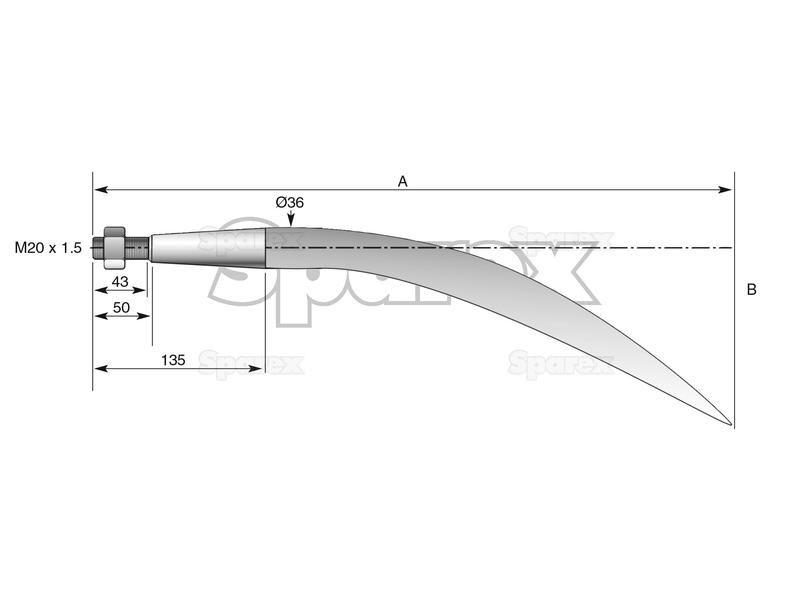 Curved Loader Tine | 600mm for John Deere, Grays, Kverneland (221191)