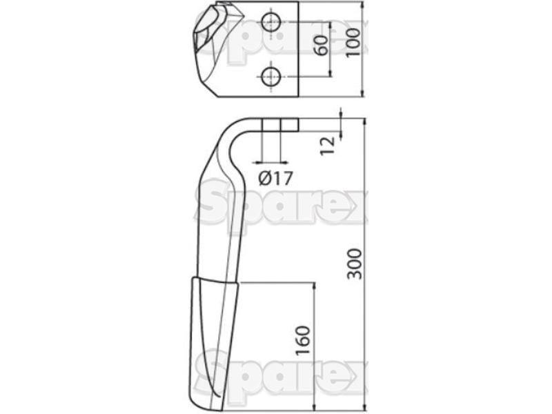 Hardfaced Power Harrow Blade 100x12x305mm RH. Hole centres: 60mm. Hole Ø 16.5mm. Replacement for Maschio. for Maschio